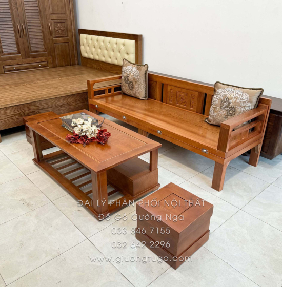 Giường Gấp Gỗ Xoan Đào Kèm Bàn (Có Kính) & Đôn Gỗ Sồi Hợp Túi Tiền