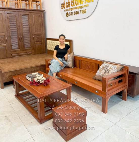 Giường Gấp Gỗ Xoan Đào Kèm Bàn (Có Kính) & Đôn Gỗ Sồi Hợp Túi Tiền