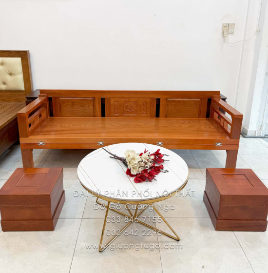 Giường Gấp Gỗ Xoan Đào Kèm Bàn Đá Và Đôn Gỗ Sồi Đẹp Gọn