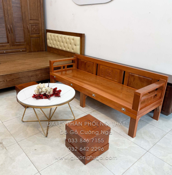 Giường Gấp Gỗ Xoan Đào Kèm Bàn Đá Và Đôn Gỗ Sồi Đẹp Gọn