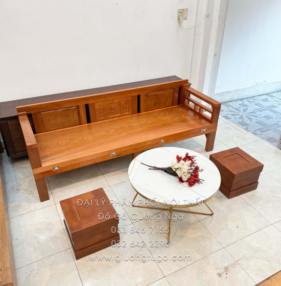 Giường Gấp Gỗ Xoan Đào Kèm Bàn Đá Và Đôn Gỗ Sồi Đẹp Gọn