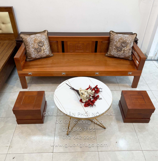 Giường Gấp Gỗ Xoan Đào Kèm Bàn Đá Và Đôn Gỗ Sồi Đẹp Gọn