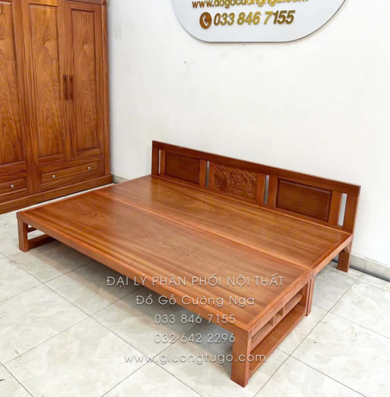 Giường Gấp Gỗ Xoan Đào Kèm Bàn Đá Và Đôn Gỗ Sồi Đẹp Gọn