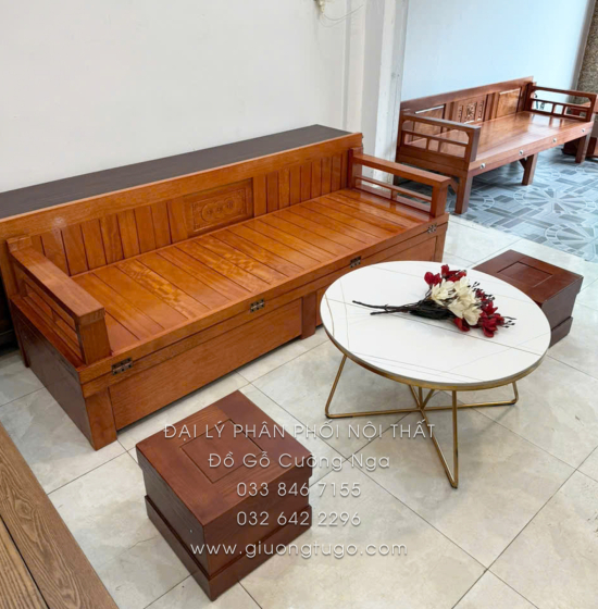Giường Gấp Gỗ Sồi Kèm Bàn Đá & Đôn Gỗ Sồi Giá Tốt