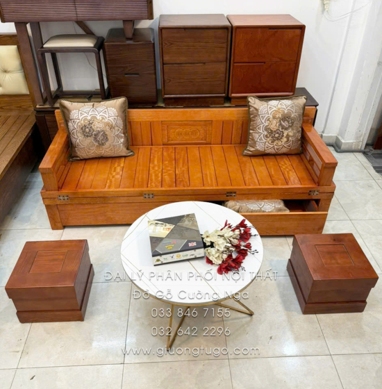 Giường Gấp Gỗ Sồi Kèm Bàn Đá & Đôn Gỗ Sồi Giá Tốt