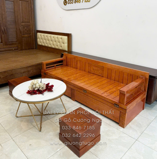 Giường Gấp Gỗ Sồi Kèm Bàn Đá & Đôn Gỗ Sồi Giá Tốt