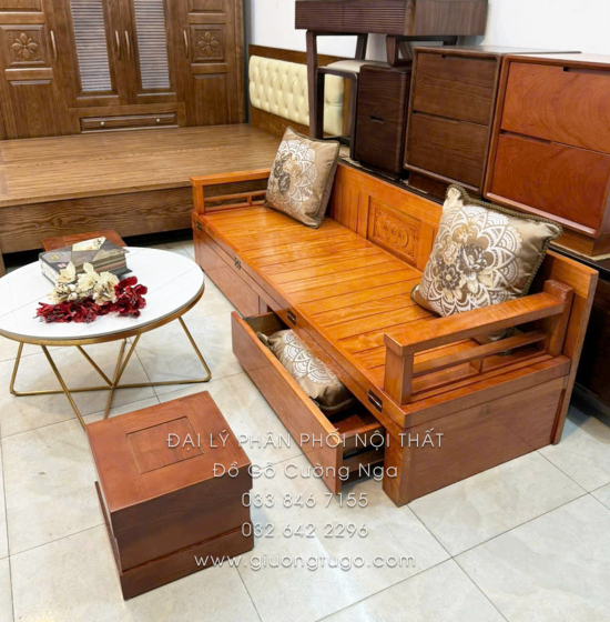 Giường Gấp Gỗ Sồi Kèm Bàn Đá & Đôn Gỗ Sồi Giá Tốt
