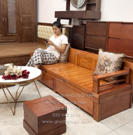 Giường Gấp Gỗ Sồi Kèm Bàn Đá & Đôn Gỗ Sồi Giá Tốt