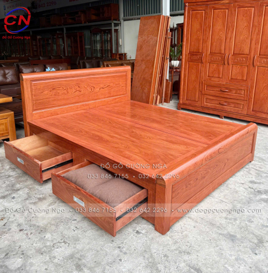 Combo Giường Tủ Gỗ Hương Đá Kèm Kệ Trang Trí Sang Trọng