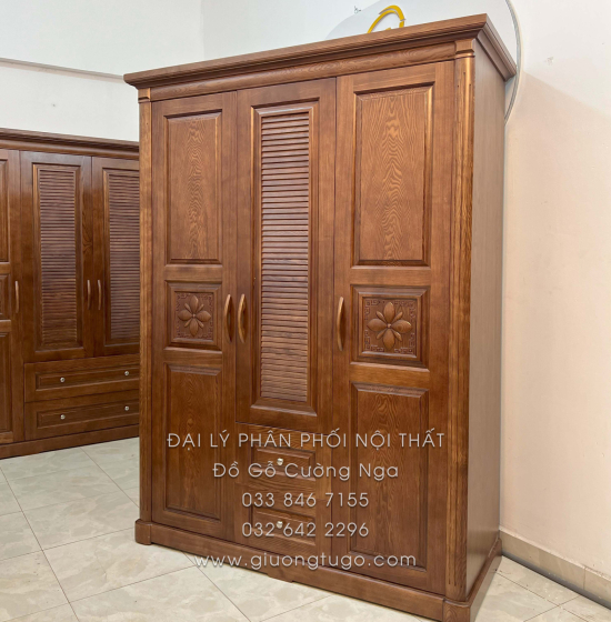 Tủ Quần Áo Gỗ Sồi 3 Cánh Màu Óc Chó - Mẫu Lá Sách 