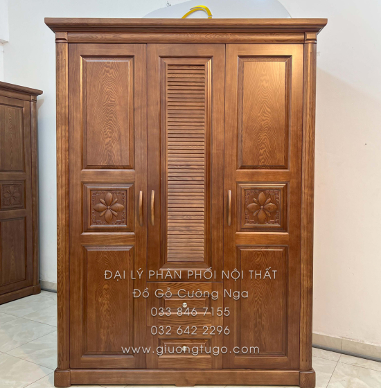 Tủ Quần Áo Gỗ Sồi 3 Cánh Màu Óc Chó - Mẫu Lá Sách 
