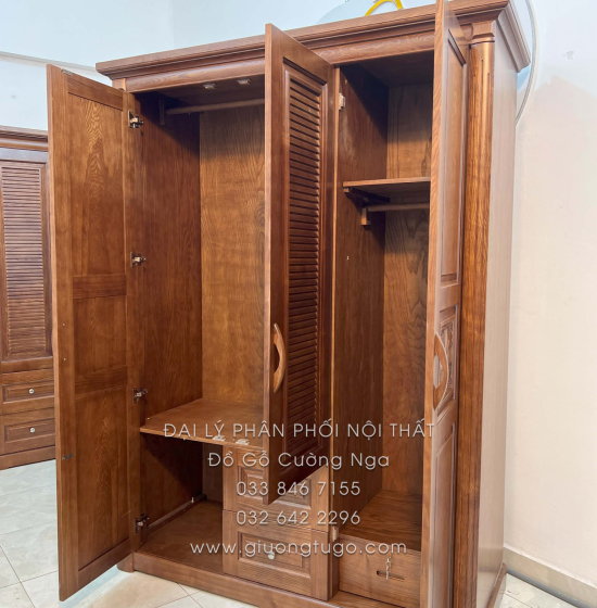 Tủ Quần Áo Gỗ Sồi 3 Cánh Màu Óc Chó - Mẫu Lá Sách 