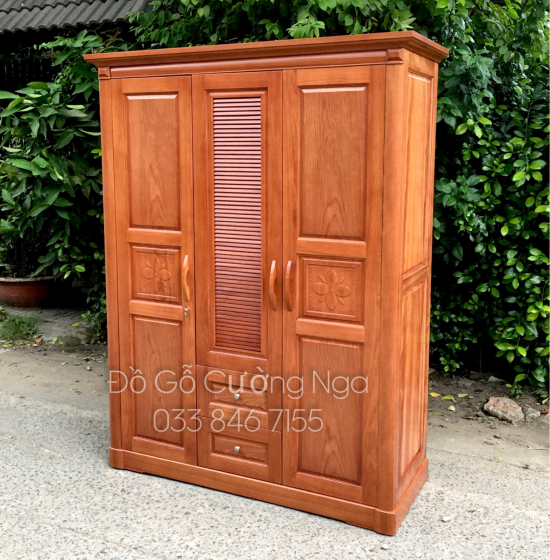 Tủ quần áo gỗ xoan đào 3 cánh mẫu hoa thị lá sách 