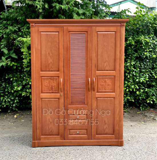 Tủ quần áo gỗ xoan đào 3 cánh mẫu hoa thị lá sách 