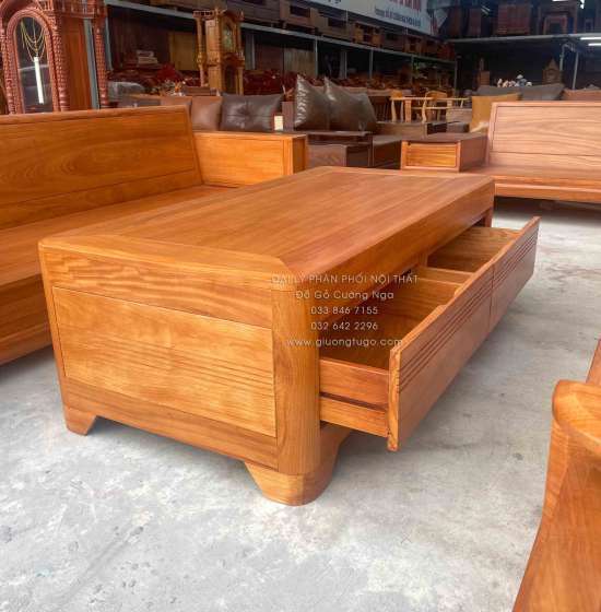 Bộ Bàn Ghế Sofa Gỗ Gõ Đỏ Đối Xứng Chân Pháo 5 Món 