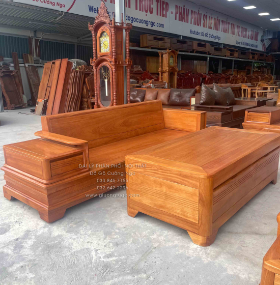 Bộ Bàn Ghế Sofa Gỗ Gõ Đỏ Đối Xứng Chân Pháo 5 Món 