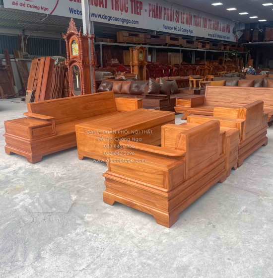 Bộ Bàn Ghế Sofa Gỗ Gõ Đỏ Đối Xứng Chân Pháo 5 Món 