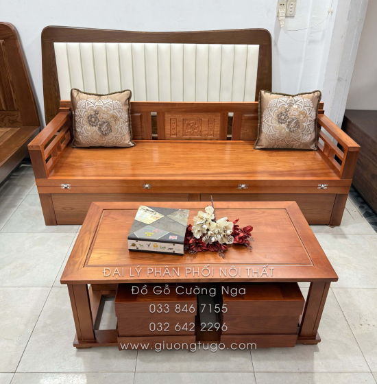 Giường Gấp Gỗ Xoan Đào 2 Ngăn Kéo Kèm Bàn (Có Kính) & Đôn Gỗ Sồi Bền Đẹp