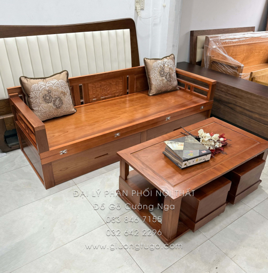 Giường Gấp Gỗ Xoan Đào 2 Ngăn Kéo Kèm Bàn (Có Kính) & Đôn Gỗ Sồi Bền Đẹp