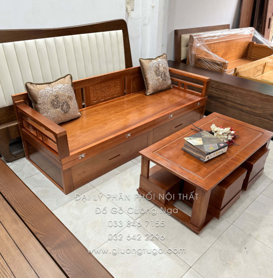 Giường Gấp Gỗ Xoan Đào 2 Ngăn Kéo Kèm Bàn (Có Kính) & Đôn Gỗ Sồi Bền Đẹp