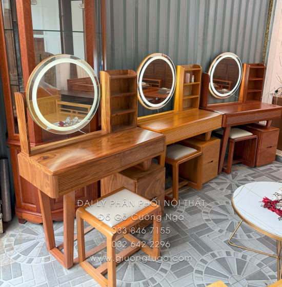 Bàn Trang Điểm Gỗ Hương Xám Hiện Đại Đèn Cảm Ứng Thông Minh 