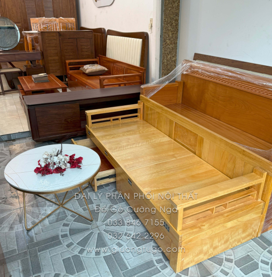 Giường Gấp Gỗ Sồi 2 Ngăn Kéo Kèm Bàn Đá Giá Rẻ