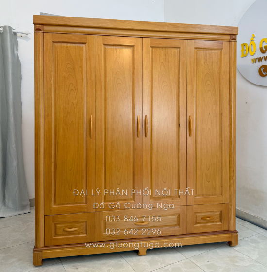 Tủ Quần Áo Gỗ Gõ Đỏ 4 Cánh 1m9 Sang Trọng