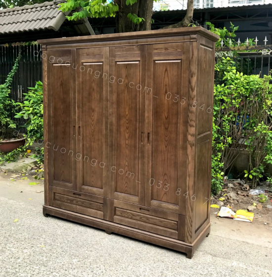 Tủ áo gỗ sồi 4 cánh - màu óc chó cao cấp 