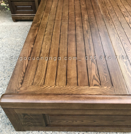 Giường gỗ Sồi Nga lau màu óc chó hiện đại - vạt phản 