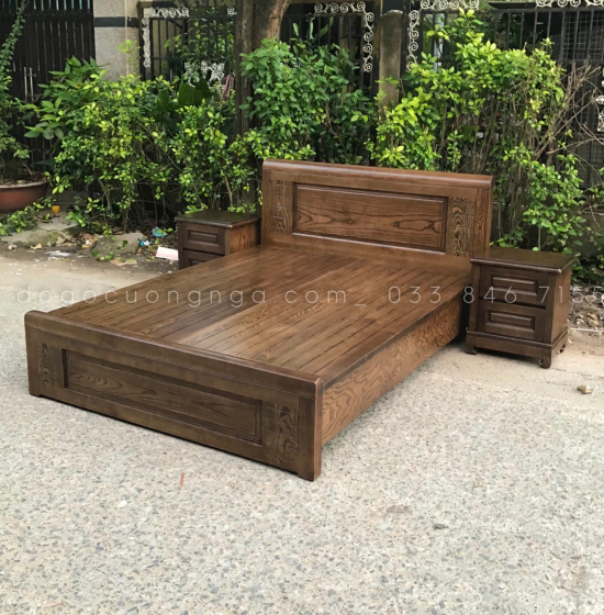 Giường gỗ Sồi Nga lau màu óc chó hiện đại - vạt phản 