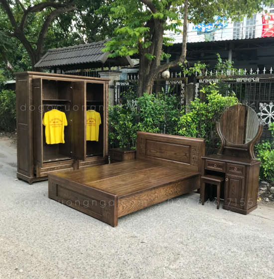 Combo phòng ngủ gỗ sồi - màu óc chó đẹp - mẫu đơn giản