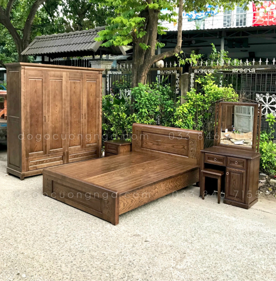 Combo phòng ngủ gỗ sồi - màu óc chó đẹp - mẫu đơn giản
