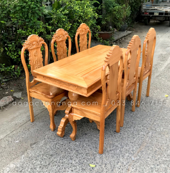 Bộ bàn ăn gỗ gõ đỏ 6 ghế 1m6 - ghế vách liền 