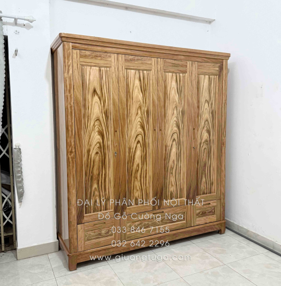 Tủ Quần Áo Gỗ Hương Xám 4 Cánh Mẫu Trơn 1m92