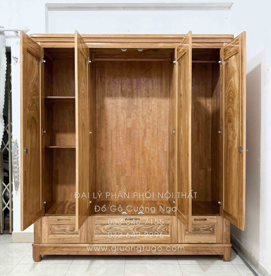 Tủ Quần Áo Gỗ Hương Xám 4 Cánh Mẫu Trơn 1m92