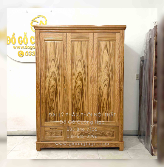 Tủ Quần Áo Gỗ Hương Xám 3 Cánh Mẫu Trơn 1m52