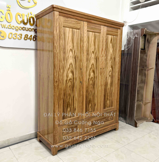 Tủ Quần Áo Gỗ Hương Xám 3 Cánh Mẫu Trơn 1m52