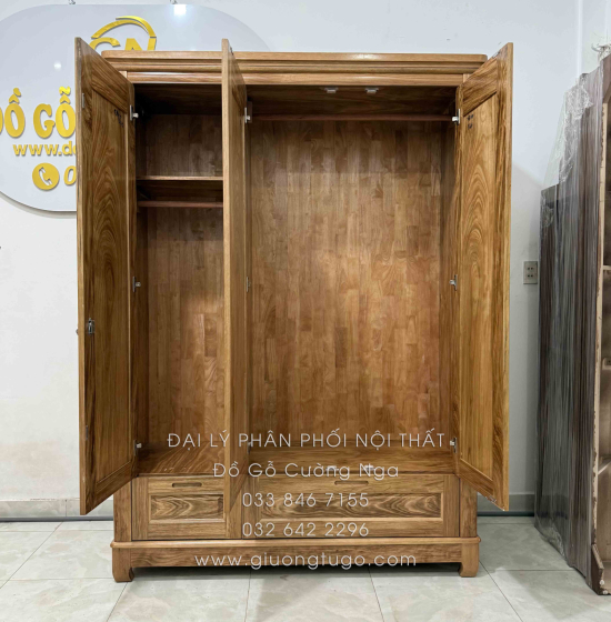 Tủ Quần Áo Gỗ Hương Xám 3 Cánh Mẫu Trơn 1m52