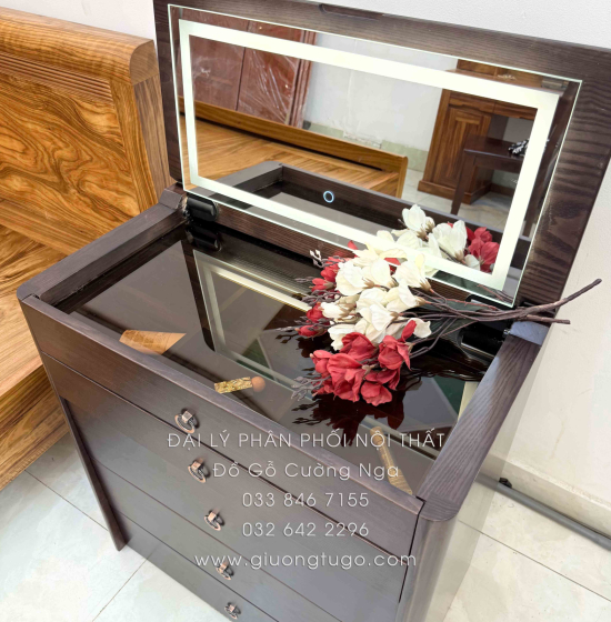 Bàn Trang Điểm Kết Hợp Bàn Làm Viêc Gỗ Sồi Lau Màu Óc Chó