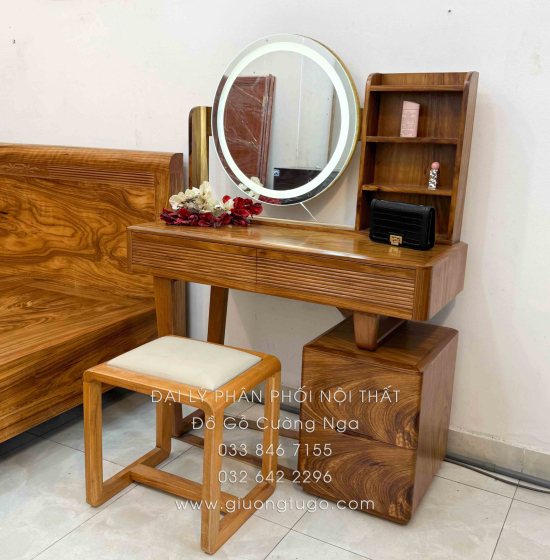 Bàn Trang Điểm Gỗ Hương Xám Hiện Đại Đèn Cảm Ứng Thông Minh 