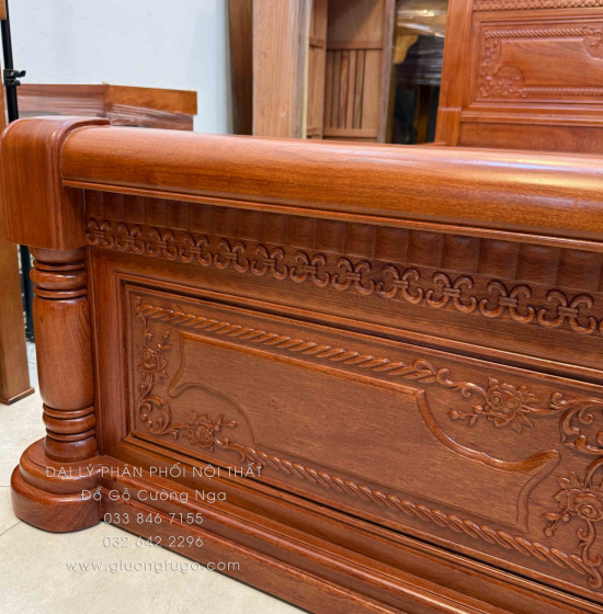 Giường Ngủ Gỗ Hương Đá Cao Cấp -  Phản Liền Tấm - Họa Tiết Xẻ Quạt