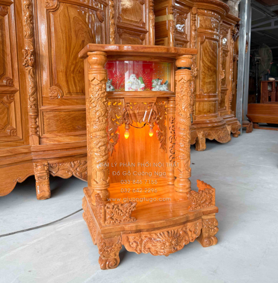 Bàn Thờ Ông Địa -Thần Tài Gỗ Gõ Đỏ 50cm x 81cm Hộp Đèn