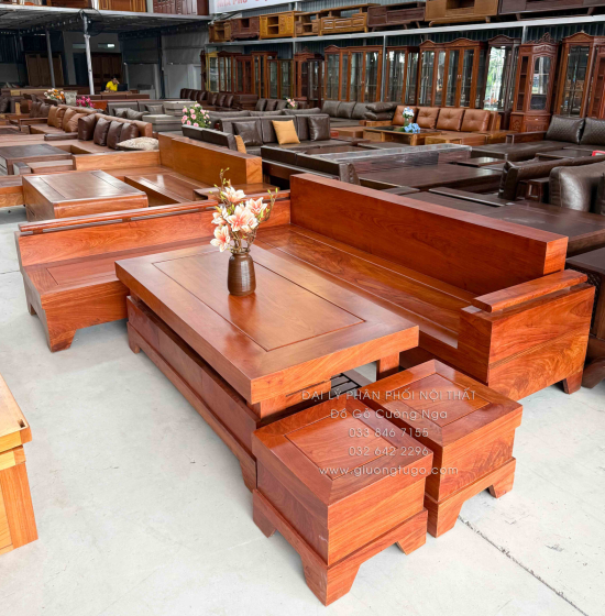 Bộ Bàn Ghế Sofa Gỗ Hương Đá Góc L 2m44x2m Cao Cấp 