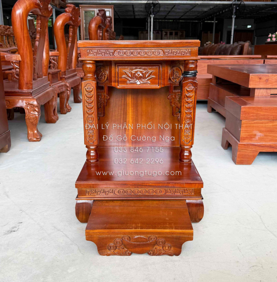 Bàn Thờ Ông Địa - Thần Tài Gỗ Tràm Chạm Sen Hiện Đại 48cm