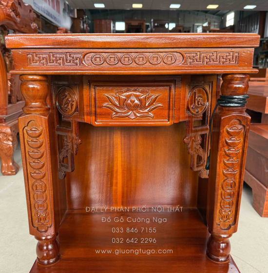 Bàn Thờ Ông Địa - Thần Tài Gỗ Tràm Chạm Sen Hiện Đại 48cm