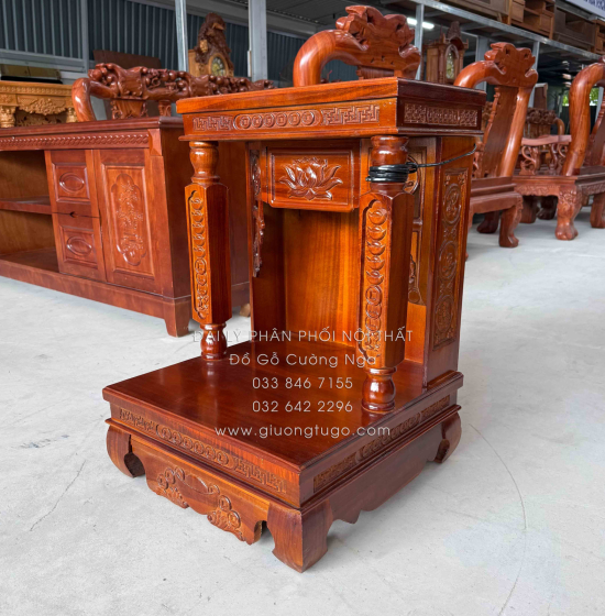 Bàn Thờ Ông Địa - Thần Tài Gỗ Tràm Chạm Sen Hiện Đại 48cm