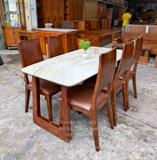 Bàn Ăn Gỗ Sồi Nga Mặt Đá 6 Ghế Nệm Lau Màu Óc Chó Hiện Đại