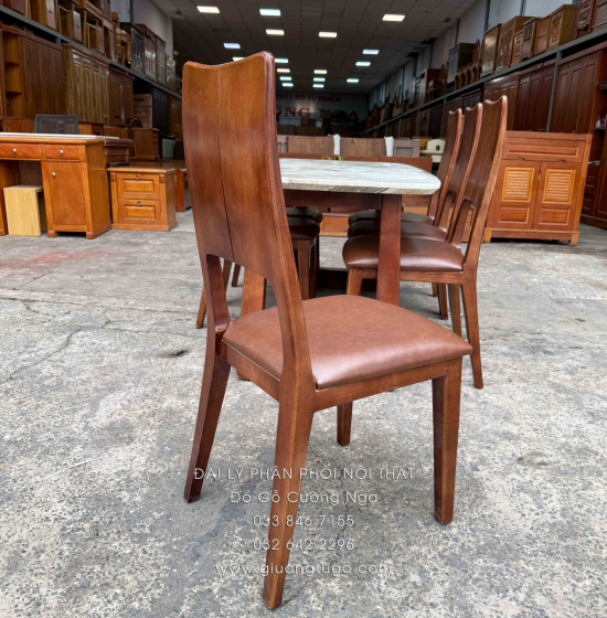 Bàn Ăn Gỗ Sồi Nga Mặt Đá 6 Ghế Nệm Lau Màu Óc Chó Hiện Đại
