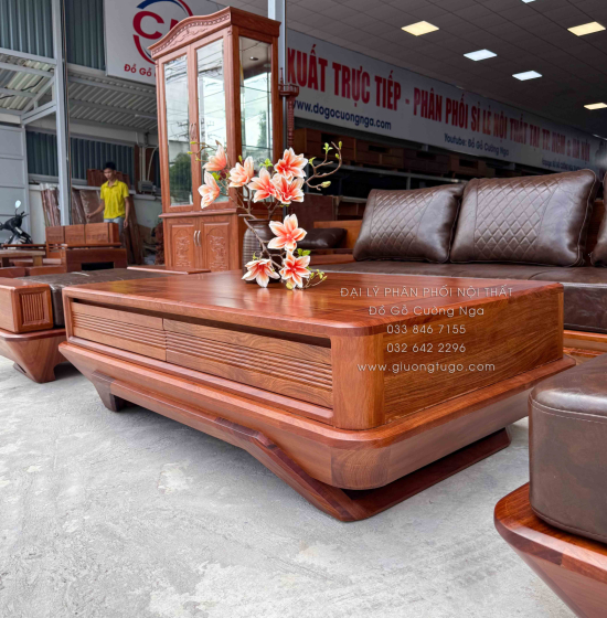 Sofa Gỗ Hương Vàng Góc L Chân Thuyền 3m25 x 2m15 Cao Cấp