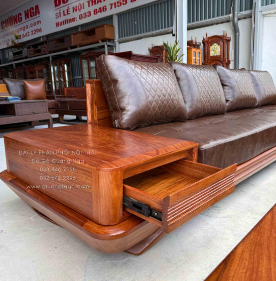 Sofa Gỗ Hương Vàng Góc L Chân Thuyền 3m25 x 2m15 Cao Cấp